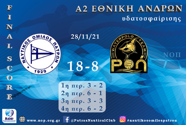Πρωτάθλημα Υδατοσφαίρισης Ανδρών Α2 - 2022. 7η Αγωνιστική : ΝΟ Πατρών - ΣΚ  ΡΟΗ 18-08